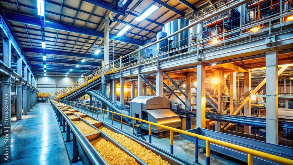 Industrial Equipment Processing Raw Materials with Conveyor Belt in Action