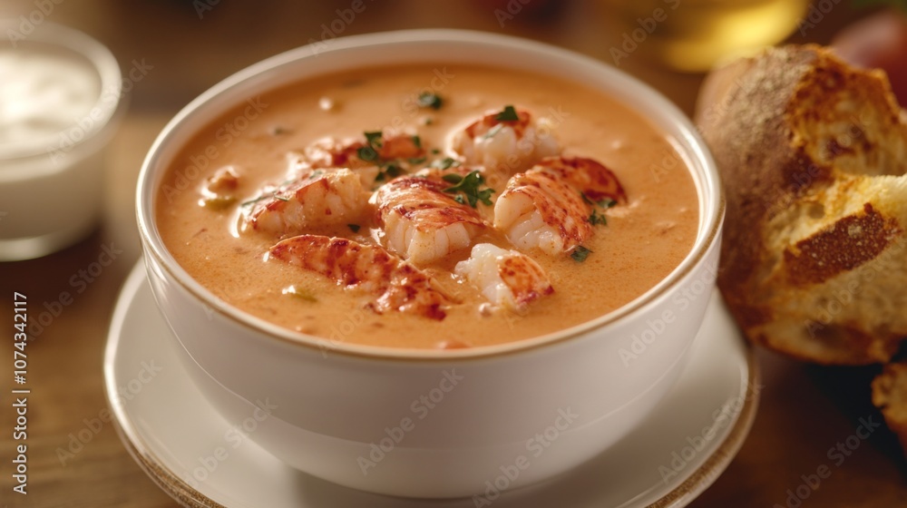 Elegant lobster bisque served in a bowl with crusty bread on the side Elegant lobster bisque served in a bowl with crusty bread on the side