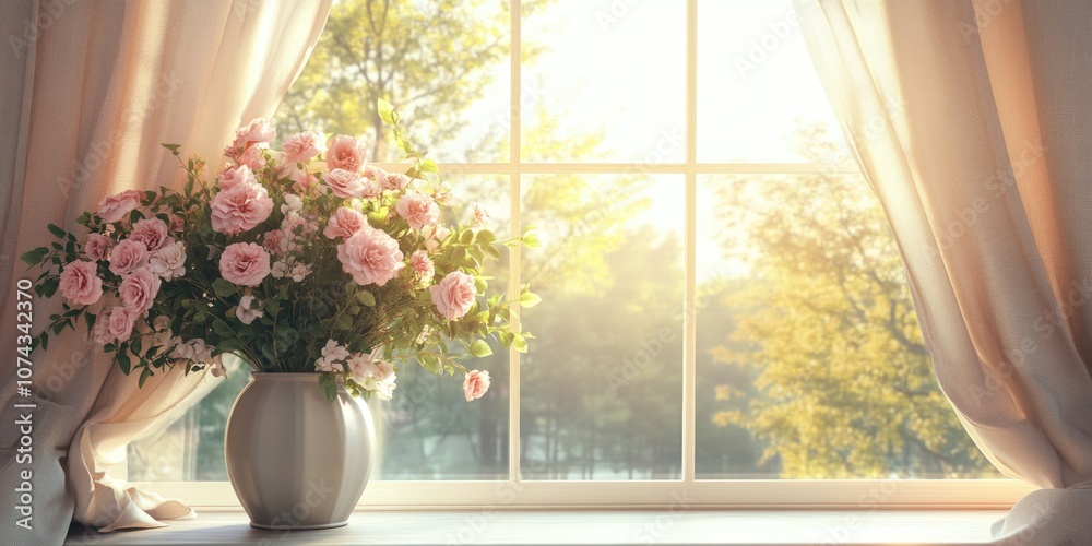 Pink flower vase on windowsill Pink flower vase on windowsill