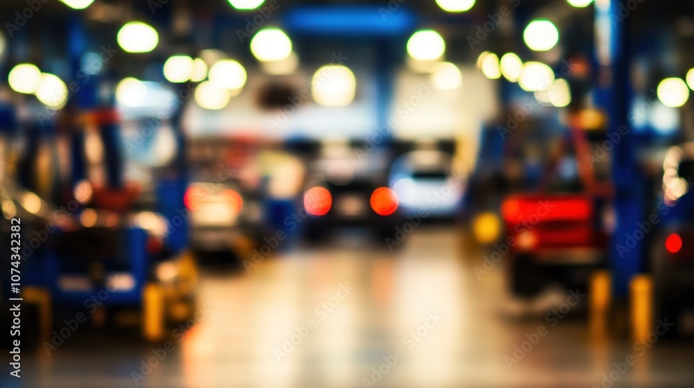 A blurred view of a car workshop with vehicles and equipment in focus. A blurred view of a car workshop with vehicles and equipment in focus.