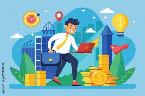 An entrepreneur works on a laptop in a bright flat, preparing to launch a stock trading business, Entrepreneur starting a stock business with a flat illustration.