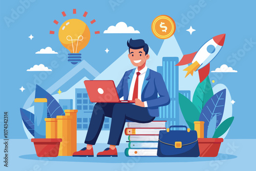 A young entrepreneur works on his laptop in a stylish flat, planning his stock business with enthusiasm, Entrepreneur starting a stock business with a flat illustration.