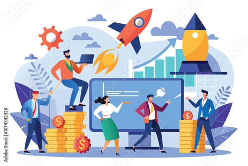 A diverse group of entrepreneurs strategizes to launch a trending stock business using digital tools, Entrepreneurs launching a trending stock business with a flat illustration.