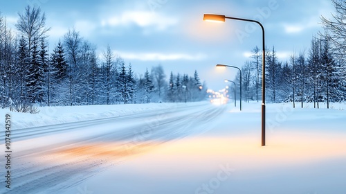 Enchanting winter scene snow-covered road illuminated by street lamps on a chilly evening