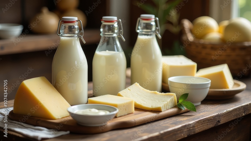 A table with a variety of dairy products including milk, cheese, and yogurt A table with a variety of dairy products including milk, cheese, and yogurt