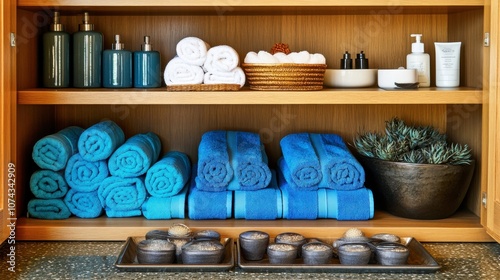 Organized Spa Shelves with Fresh Towels and Accessories