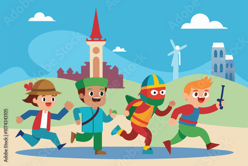 Four cartoon characters are joyfully running together across a colorful landscape under a bright sky, Escaping their country Customizable Cartoon Drawing