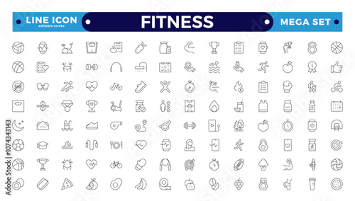 Set of line icons related to Fitness, gym. Wellness, wellbeing, mental health, healthcare, cosmetics, spa, medical. Fitness exercise workout line icons set. Editable stroke outline icon.