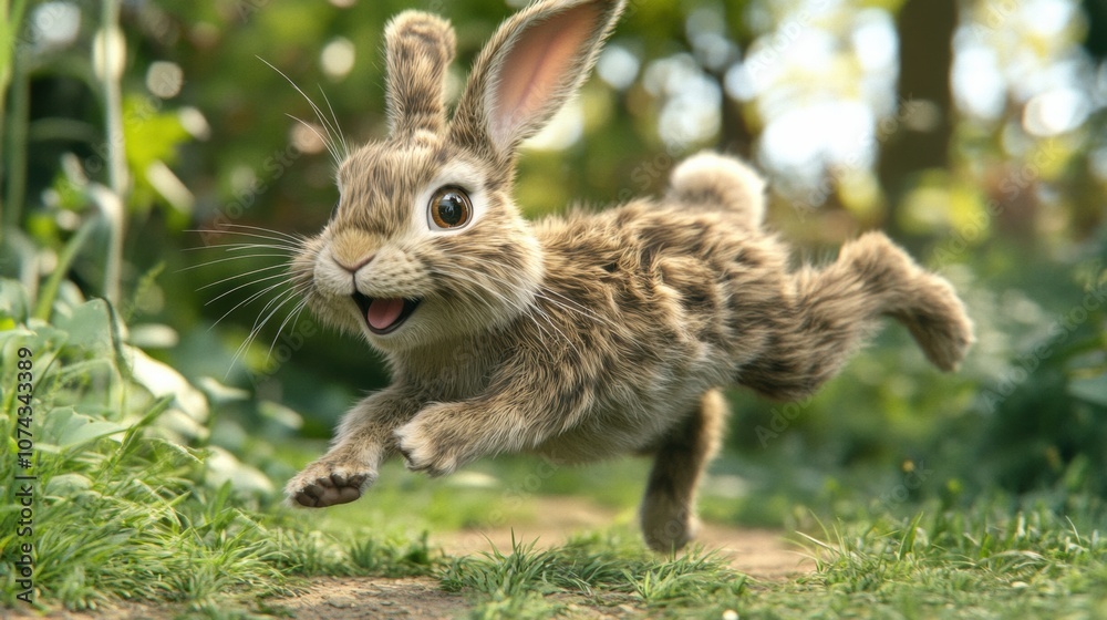 Fototapeta premium Playful Cartoon Rabbit with Long Ears Hopping in Nature