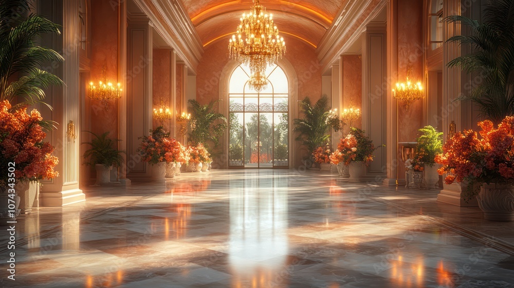 Elegant grand hallway with ornate chandeliers, marble floors, and large windows. Elegant grand hallway with ornate chandeliers, marble floors, and large windows.