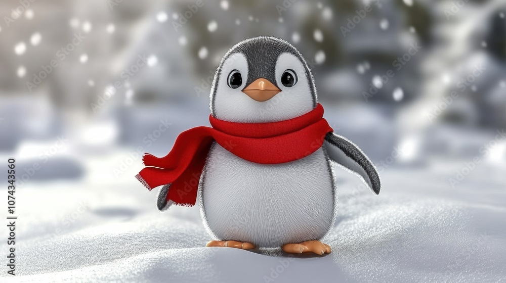 Fototapeta premium Joyful 3D Cartoon Penguin in a Red Scarf