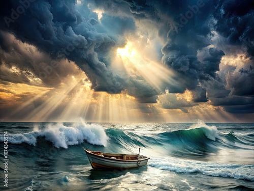 In turbulent waters, a boat battles crashing waves, symbolizing faith's strength, capturing a profound moment of hope and spiritual deliverance amidst the storm. photo