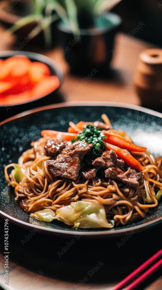stir-fried noodles with beef - japanese food style stir-fried noodles with beef - japanese food style