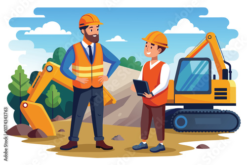 An excavator operator is discussing project details with a contractor at a construction site, Excavator operator talking with contractor, flat illustration.