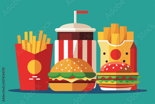 Delicious fast food items including fries, burgers, and a soda showcased in a customizable illustration, Fast food illustration that can be customized.