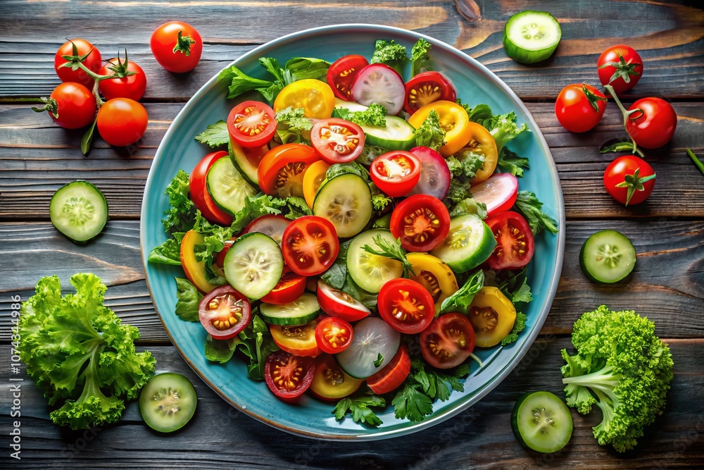 High-Resolution Aerial Photography of Flat Illustrated Salad with Fresh Tomatoes and Cucumbers for Culinary and Healthy Eating Concepts High-Resolution Aerial Photography of Flat Illustrated Salad with Fresh Tomatoes and Cucumbers for Culinary and Healthy Eating Concepts