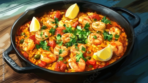 Seafood paella served in a cast iron skillet with fresh herbs and lemon wedges