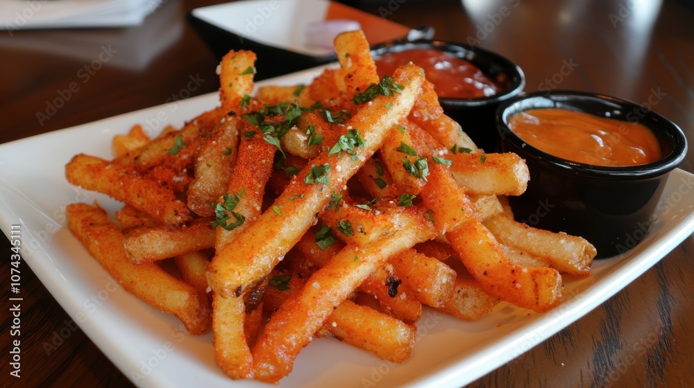 Crispy Fries with Dipping Sauces on a Plate Crispy Fries with Dipping Sauces on a Plate