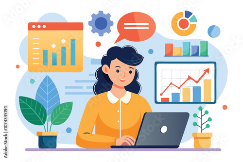 A woman analyzes financial data charts on a laptop while surrounded by plants and graphs, Woman worker analyzing digital data and charts in a flat illustration.