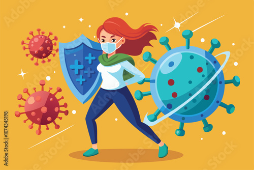 A character in a mask and cape confidently confronts COVID-19 with a shield and vibrant graphics, Fighting COVID-19 with Customizable Illustration