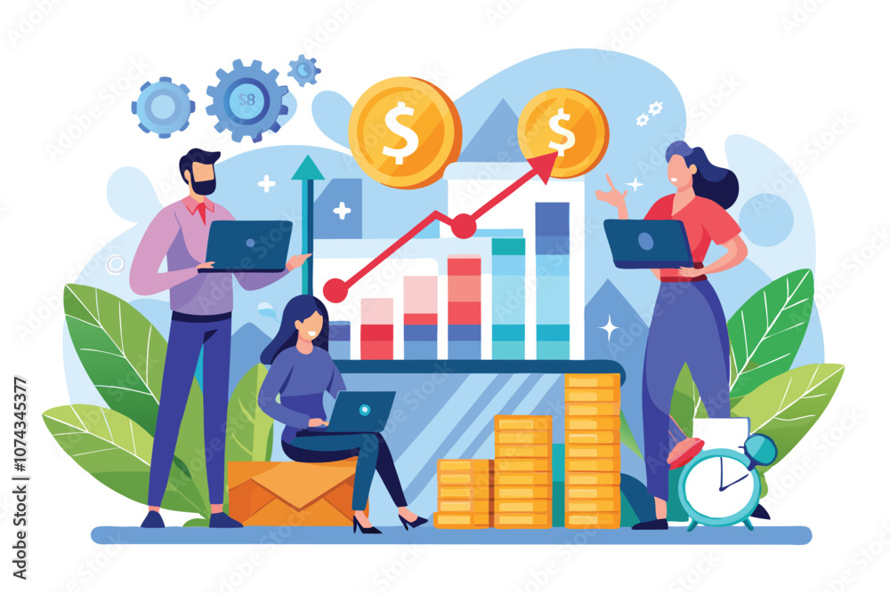Characters focus on finance growth, analyzing charts and trends while surrounded by digital devices and visuals, Analyzing growth chart with a flat illustration. Characters focus on finance growth, analyzing charts and trends while surrounded by digital devices and visuals, Analyzing growth chart with a flat illustration.