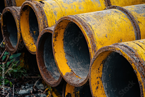 Stack of concrete drainage pipes, construction materials photo