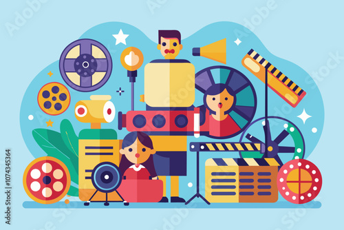 This illustration depicts various roles in film industry management with creative elements and tools, Film industry management, simple illustration.