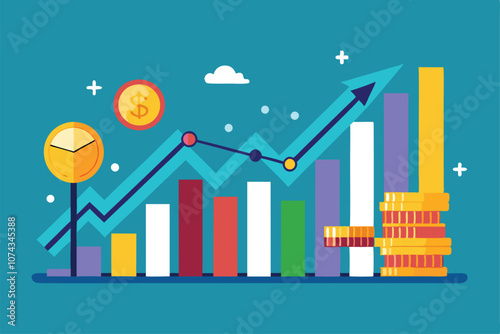 The graphic displays a flat trend in finance growth, featuring colorful bar graphs and symbols of money, Finance growth profit is trending flat.