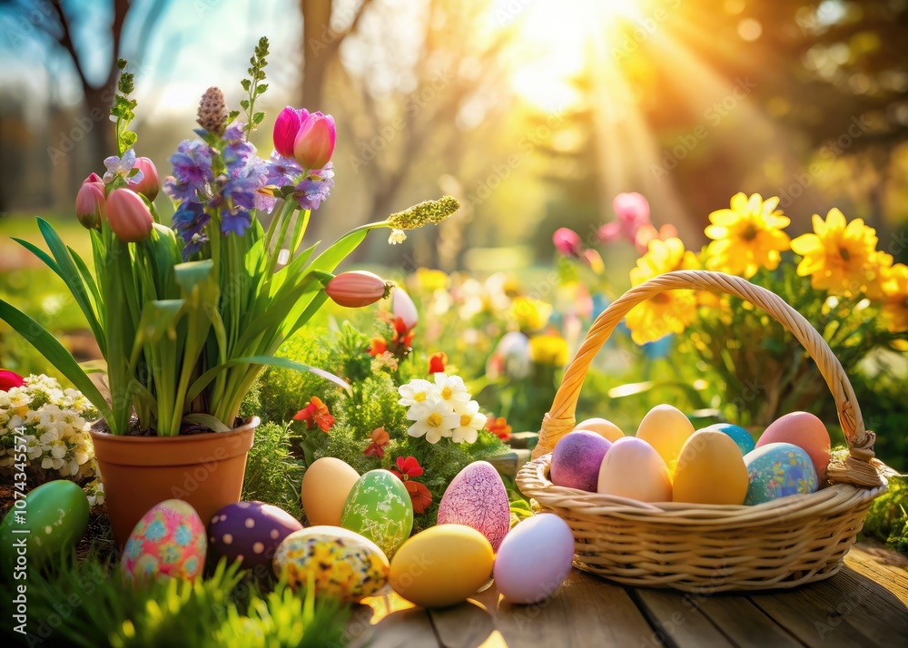 Joyful Easter Celebrations with Colorful Eggs and Spring Flowers for Stock Photography Joyful Easter Celebrations with Colorful Eggs and Spring Flowers for Stock Photography