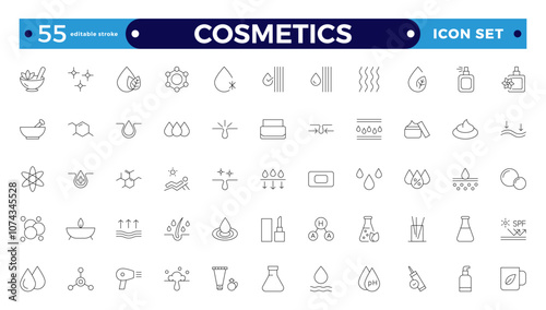 Cosmetics Outline icons set. Moisture cream, acid, anti-wrinkle serum, ceramide, collagen, retinol compound, sunscreen vector illustration. Editable stroke outline icon.