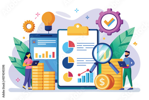 Professionals analyze financial audit reports with charts and data visualization tools in a vibrant workspace, Financial audit, report examination, flat illustration.