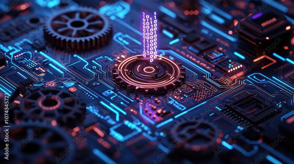 Macro view of electronic circuit with glowing elements and gears. Macro view of electronic circuit with glowing elements and gears.
