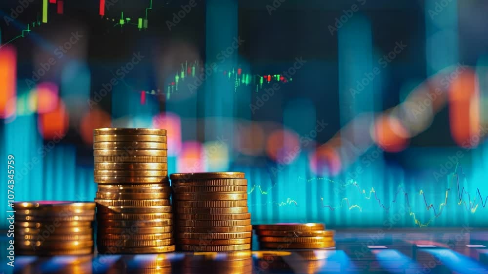 Stacks of shimmering coins stand prominently while colorful graphs display fluctuating quotes, symbolizing the pulse of the financial markets in a captivating blend of wealth and growth.
