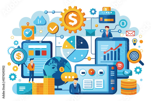 Illustration shows financial management concepts with charts, data, and tools for business, Financial management systems and sources of financial information, depicted in a flat illustration.