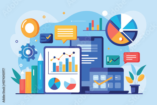 Charts, graphs, and financial reports displayed on screens showcase business analytics and trends, Financial reports and business graph analysis, illustrated in a flat style.