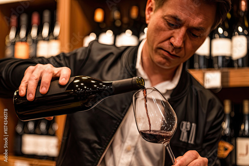 Sommelier pouring wine into a glass with a concentrated expression photo