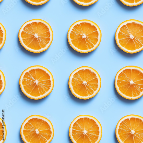 Seamless background image of cut oranges lined up on light blue background generated by AI