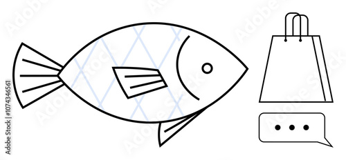 Fish next to a shopping bag and speech bubble. Ideal for sustainability, communication, marine life, eco-friendly shopping, consumption, environmental awareness, seafood markets. Line metaphor