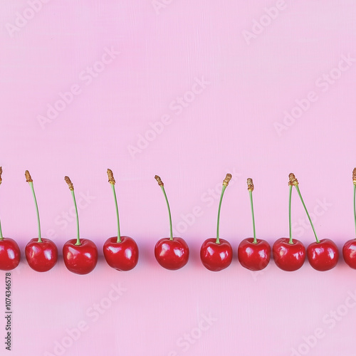 Seamless background image of cherries in a row on a pink background generated by AI