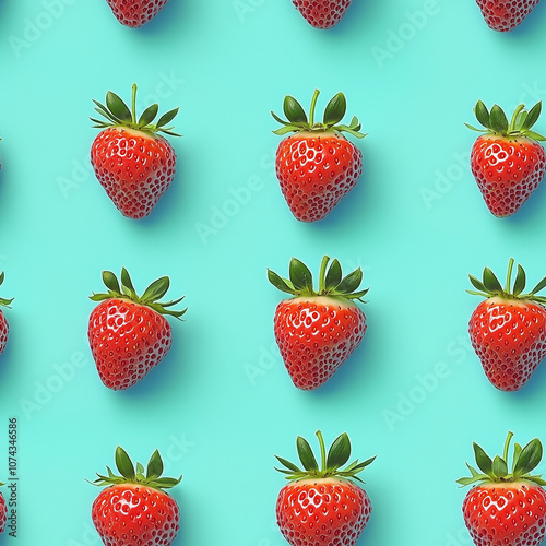 Seamless background image of strawberries on a light blue background generated by AI