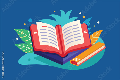 A colorful flat illustration of an open book with text against a blue backdrop, accented by leaves, Fix the text in the book, flat illustration.