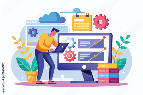 A person works on a laptop, resolving network issues for a website in a dynamic office setting, Fixing website page network issues, illustrated in a simple way.