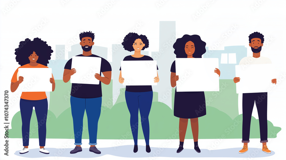 Obraz premium Clean illustration of a unified group of Black individuals with blank signs, ideal for themes of social justice, community support, business teamwork, and marketing or startup ideas