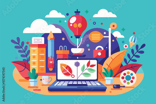 A vibrant workspace showcases a laptop alongside art supplies and decorative elements that inspire creativity, Flat illustration concept