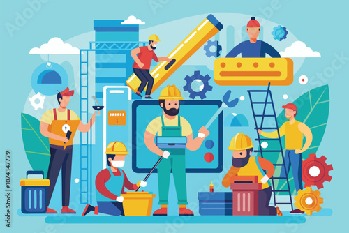 A group of maintenance workers tackles different repair tasks in a colorful workshop environment, flat illustration maintenance