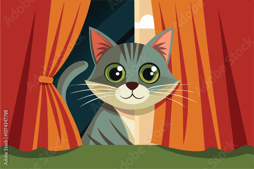 A curious cat with large eyes is peeking from behind vibrant curtains in a cozy room, Flat illustration of a cat peeking from behind a curtain.