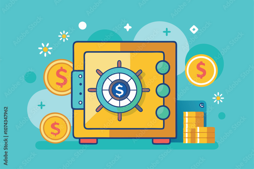 Obraz premium A cheerful illustration shows a dollar safe with coins and vibrant shapes in a playful, modern design, Flat illustration of a dollar safe