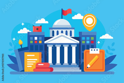 A stylized courthouse is depicted with educational elements like books and stationery set against a vibrant background, Flat illustration of a courthouse with a book folder in vector graphics.