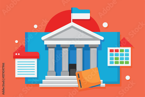 A courthouse is depicted in a vibrant flat design, highlighting legal elements and a book fold in the foreground, Flat illustration of a courthouse with a book folder in vector graphics.