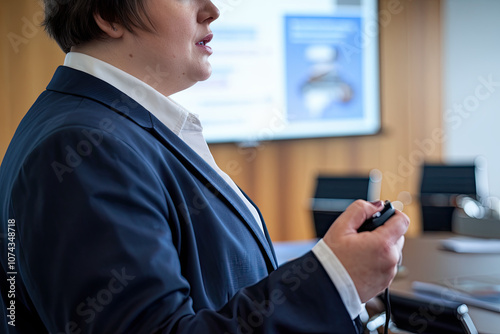 Plus-size manager leading a presentation in a corporate meeting room photo